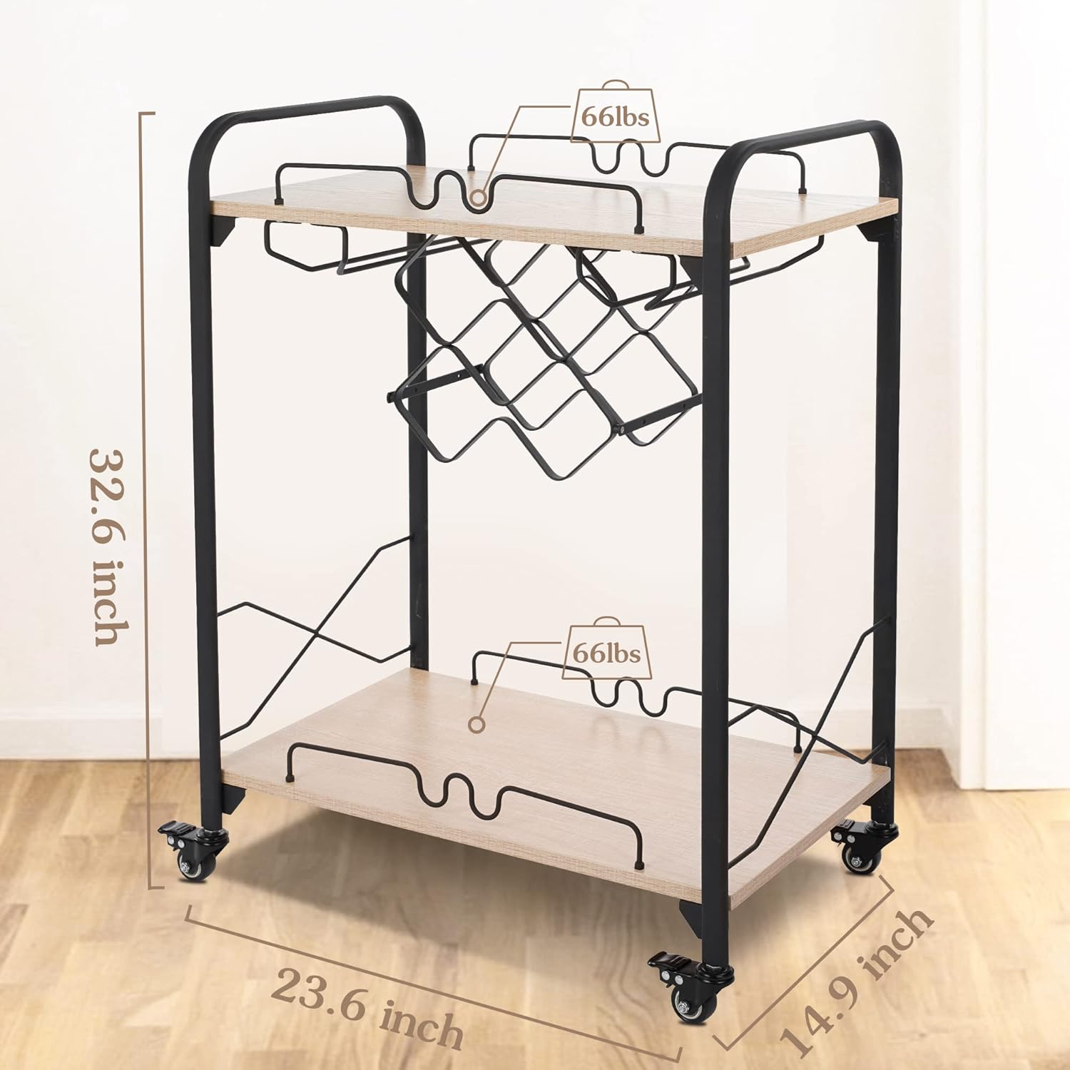 Jubao Bar Carts for The Home, 2-Tier Mobile Bar Serving Cart with Wine Racks and Glasses Holders, Wine Cart on Wheels, Beverage Small Bar Cart for Kitchen, Living Room, Wood Color