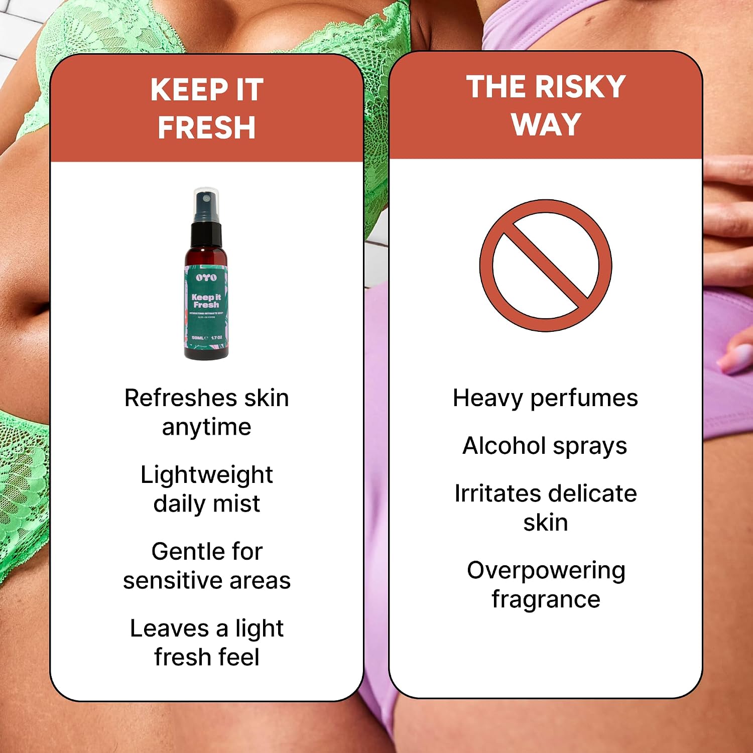 OYO Keep It Fresh Intimate Hydrating Mist for Women, Post Shave Spray for Bikini Line & Underarms, Soothing Aloe Vera Mist for Sensitive Skin, 50 mL
