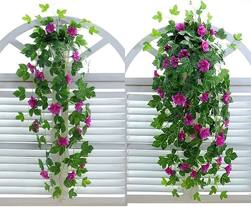 Miniatura 2 de 2 racimos de enredaderas artificiales de 35.4 pulgadas de gloria matutina, guirnalda de seda falsa de plantas verdes falsas para el hogar, jardín