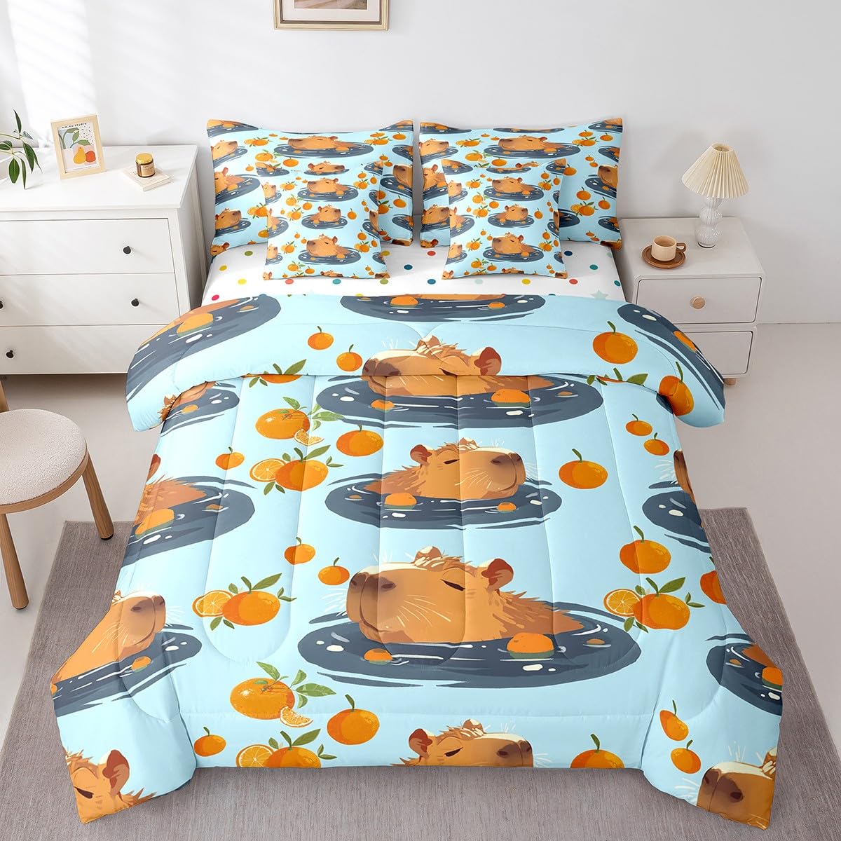 Parure de lit capybara pour chambre d'enfant style graffiti orange