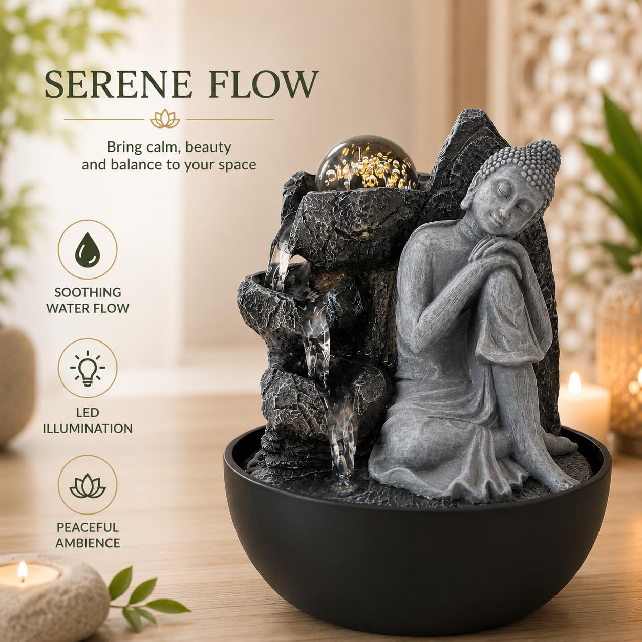 Contemplation - Fuente de agua interior con luz LED | Tamaño 13,3 x 13,3 x 18 cm | USB |