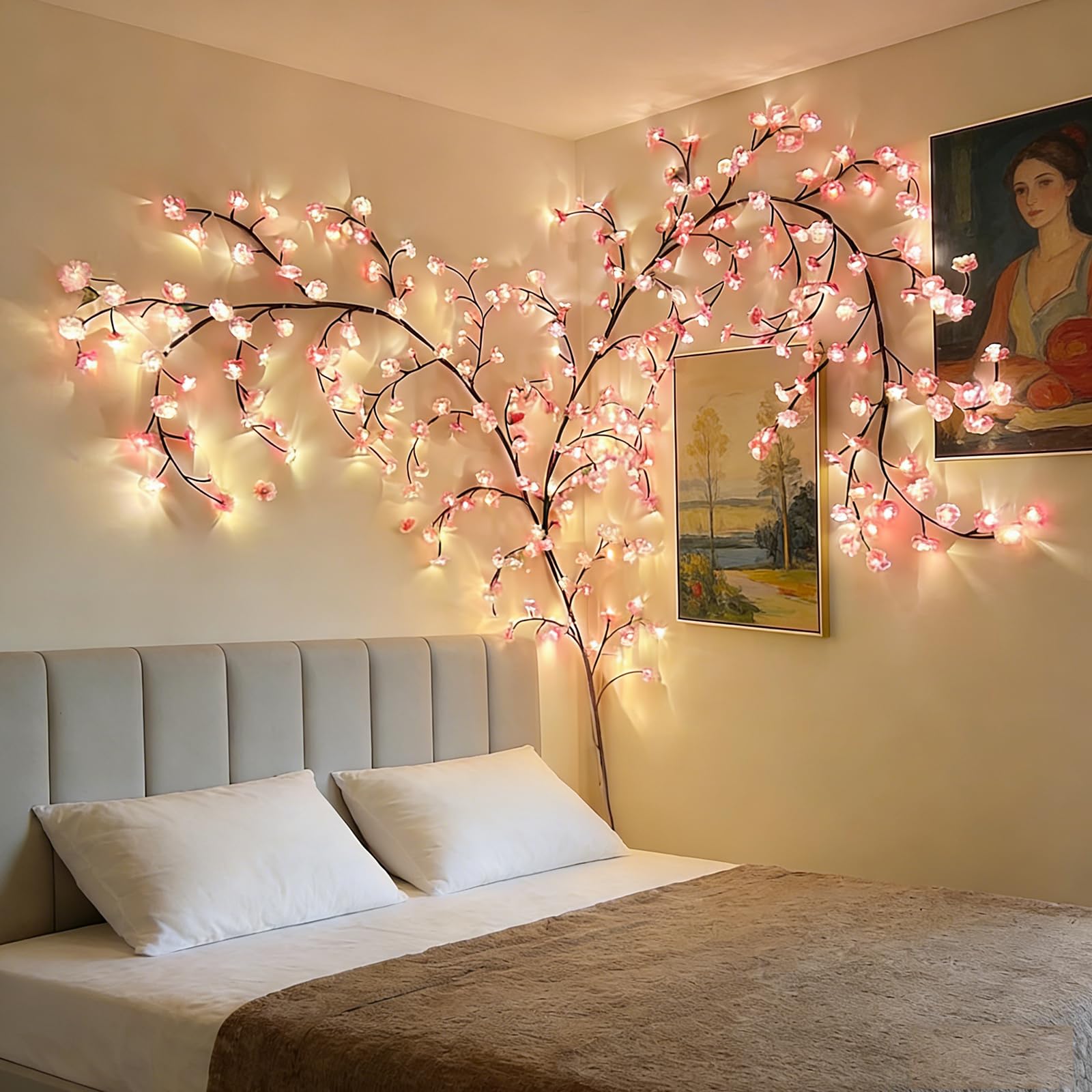 Guirlande lumineuse murale en forme de branche d'arbre en fleur de cerisier pour chambre à coucher avec alimentation USB, 8 modes d'éclairage pour portes, fenêtres, mariage, Noël (190 cm)
