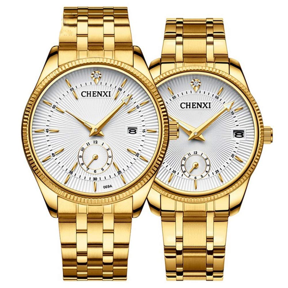 Reloj de Pulsera para Pareja de Acero Inoxidable Resistente al Agua, Reloj de Cuarzo, Reloj Dorado para Hombres y Mujeres