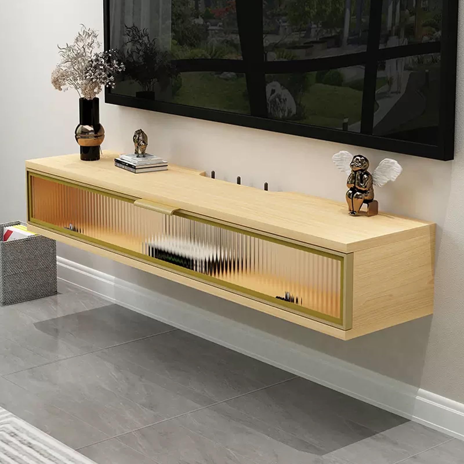 Meuble TV flottant avec porte rabattable en verre pour optimiser le rangement multimédia