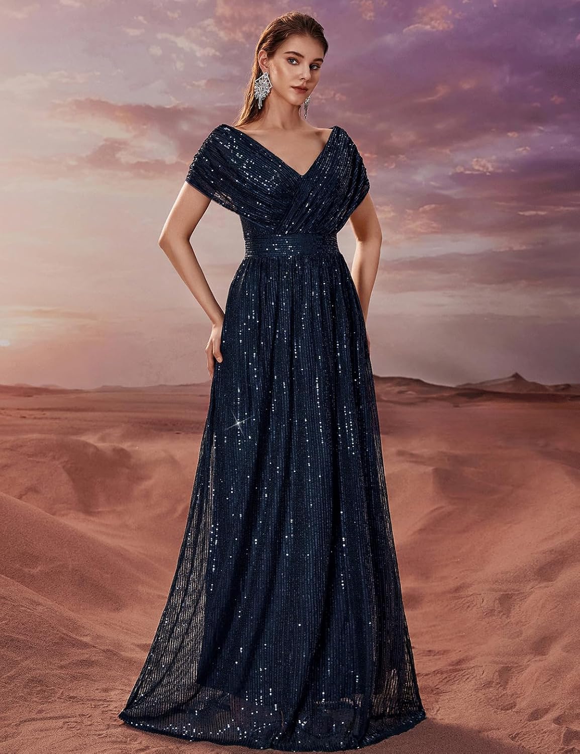 Women's Sequin V-Neck Short Sleeve A-Line Evening Dress Elegant Evening Dresses Party Gowns - Image 2