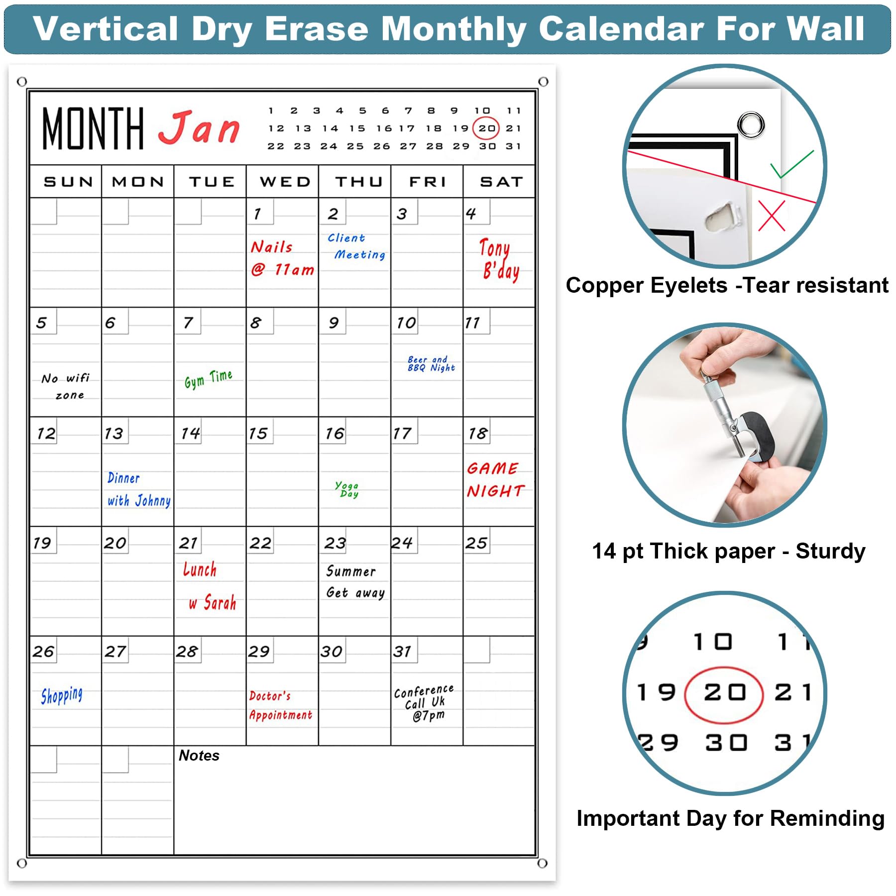 Large Dry Erase Calendar For Wall Monthly,24x36 Inch Big Vertical Blank White Board Calendar Fit to Narrow Wall,Giant Laminated Erasable 30 Day Schedule Planner Poster for Family,Office,Classroom - Image 3