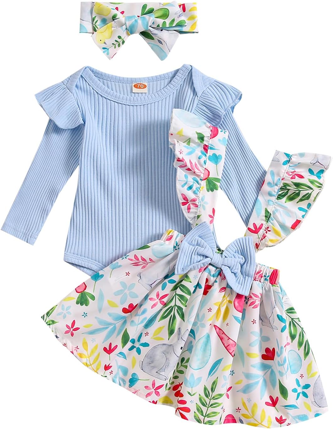 Newborn Baby Girl Easter Outfits Long Sleeve Bodysuit Romper Bunny Eggs Print Suspender Skirts with Headband