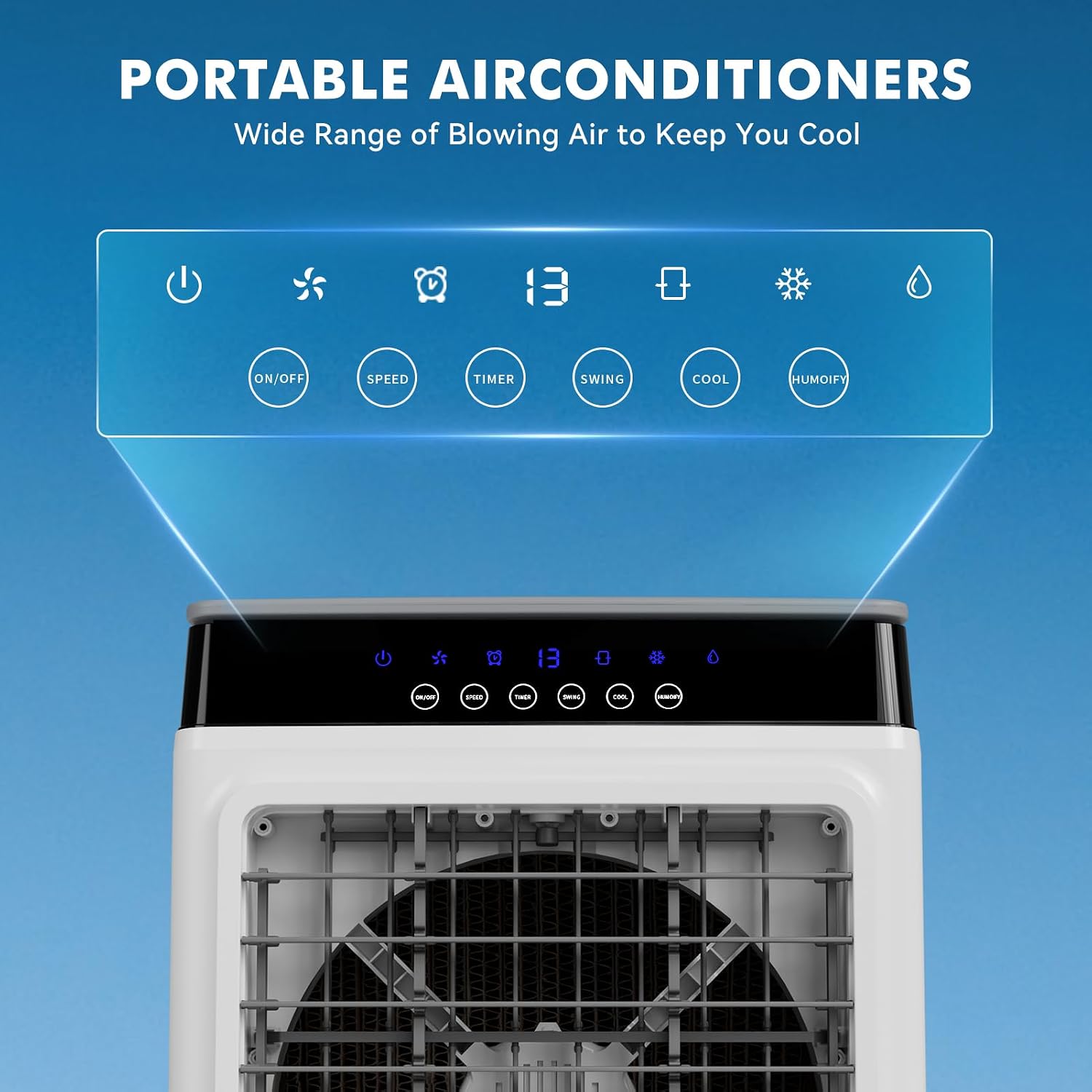 Close-up of the control panel and remote control for the evaporative air cooler, showing buttons for Power, Speed, Timer, Swing, Cool, and Humidify.