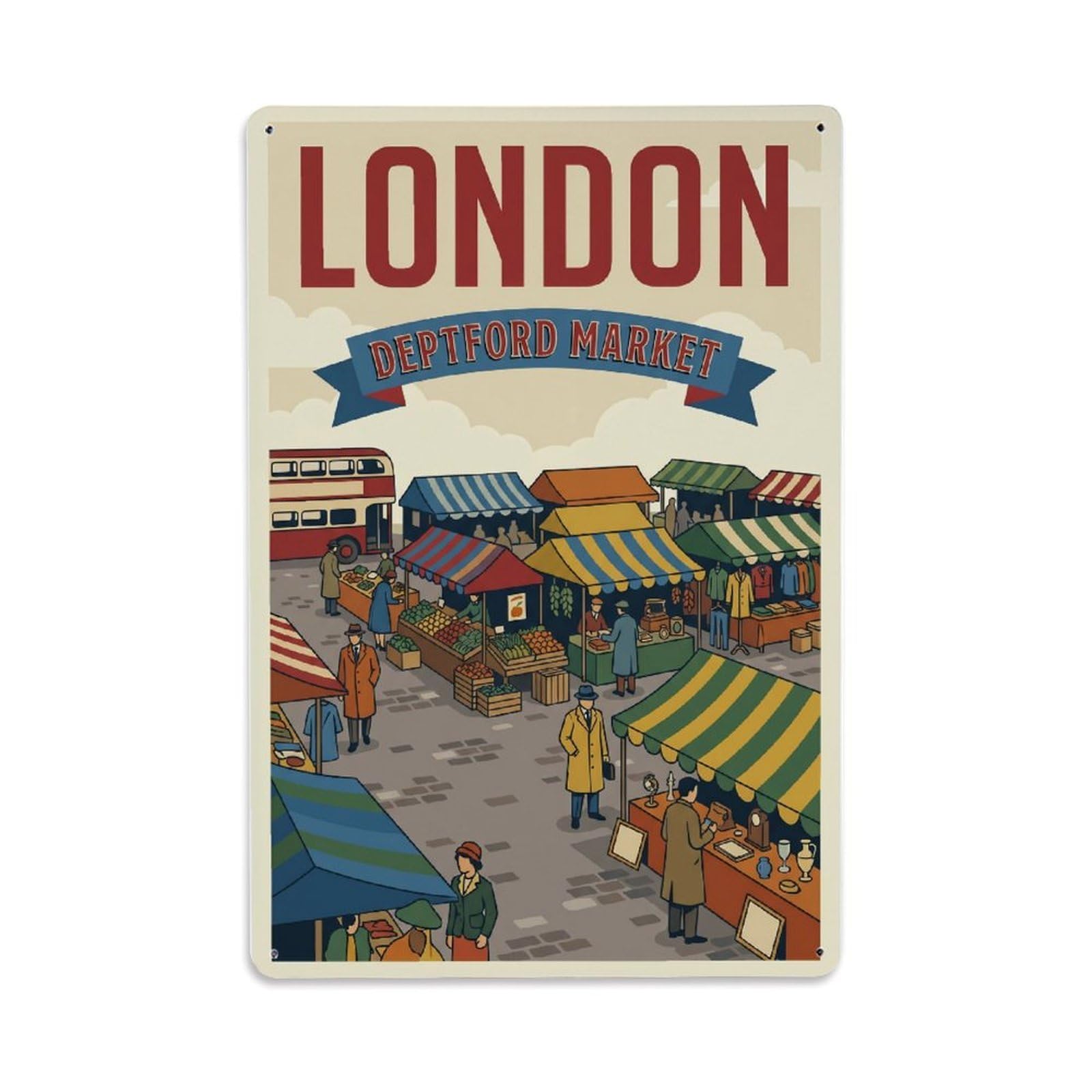Vintage Travel London Deptford Market Historic Street Clean England Metal Tin Sign Plaque Wall Decor for Cafe, Club Bar, Office, Home Garden Metal Poster 8x12Inch