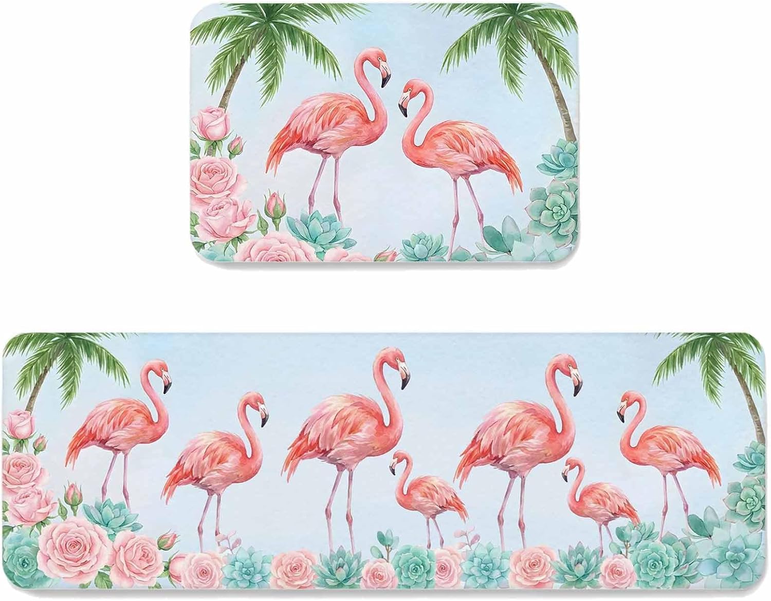 Prime Leader Flamingos Kitchen Mat Set 2 Pieces Coastal Tropical Romantic Pink Rose Succulents Non Slip Kitchen Rugs Washable Runner Rug Mats for Floor Sink Laundry Office 19.7" x 31.5"+19.7" x 63"