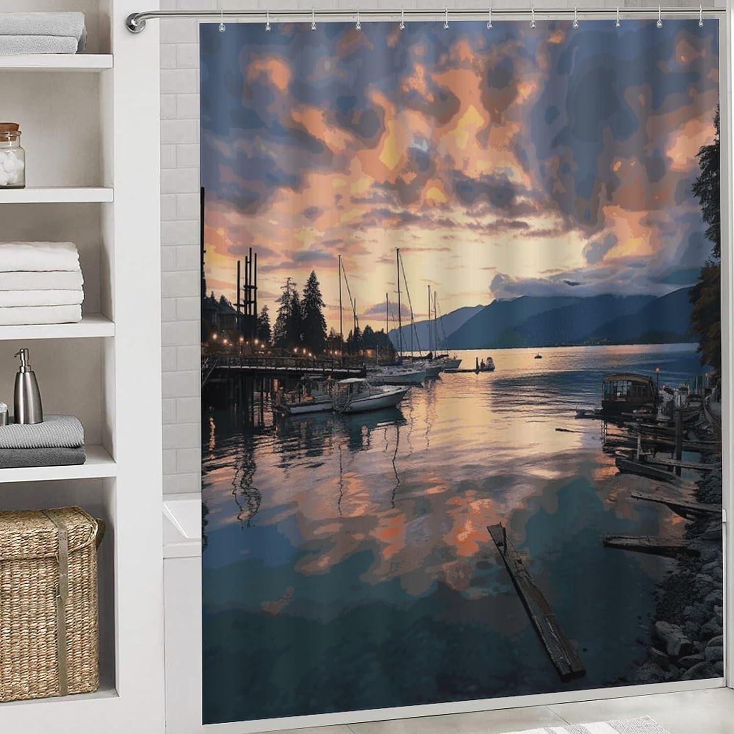 Evening in Vancouver 4Pcs Shower Curtain Set with Non-Slip Rugs, Toilet Lid Cover and Bath Mat,Bathroom Set Decor Accessories,Curtain Set with 12 Hooks, 72 X 72 Inch