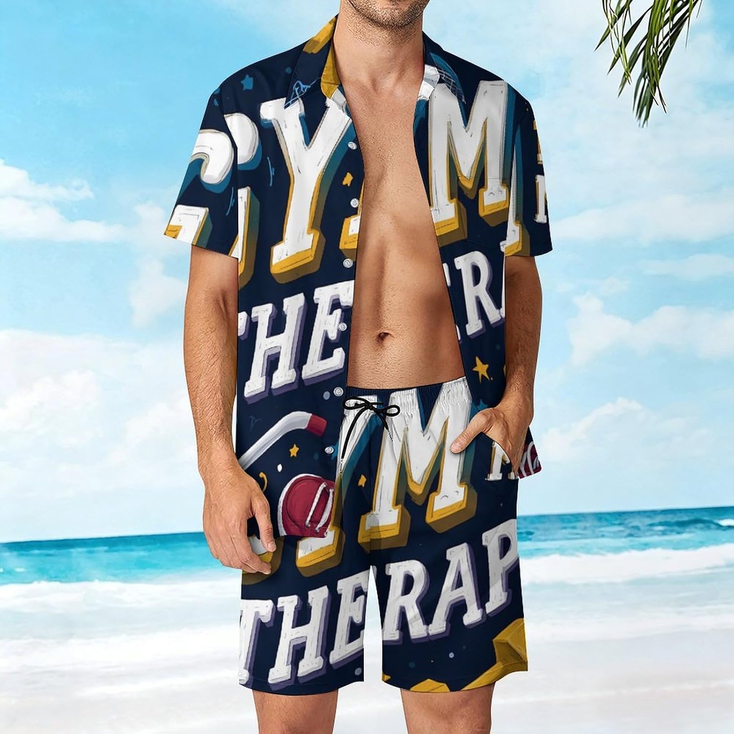 Gym Is My Therap Men's Summer Beach 2 Piece Outfits | hawaiian button down shirt and shorts,vacation cruise,mens bathing suit