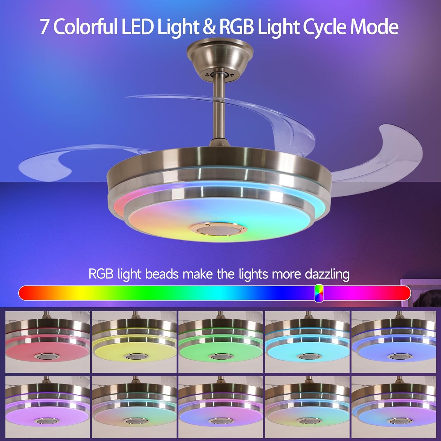 42 Inch RGB Retractable Ceiling Fan with Light, Reversible,Dimmable,Ultra-Quiet Invisible Chandelier Fan with Speaker for Kids Room Living Room Dinner Room,Brushed Nickel