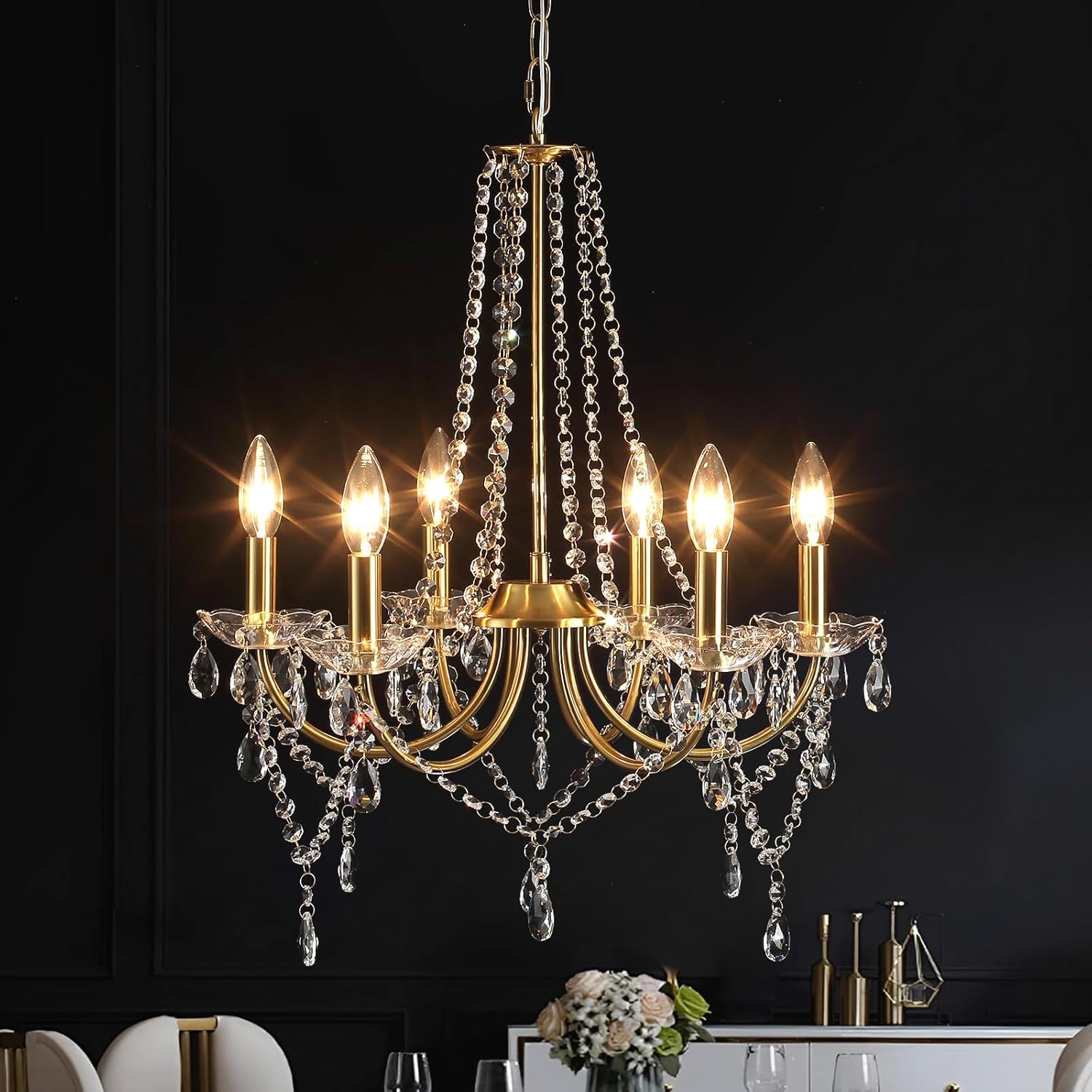 Crystal Gold Chandeliers for Dining Room, Modern Candle Crystal Brass Chandelier Light Fixture, Vintage Pendant Light for Living Room Bedroom Bathroom Entryway Hallway E12 Bulbs D19 in x H24 in