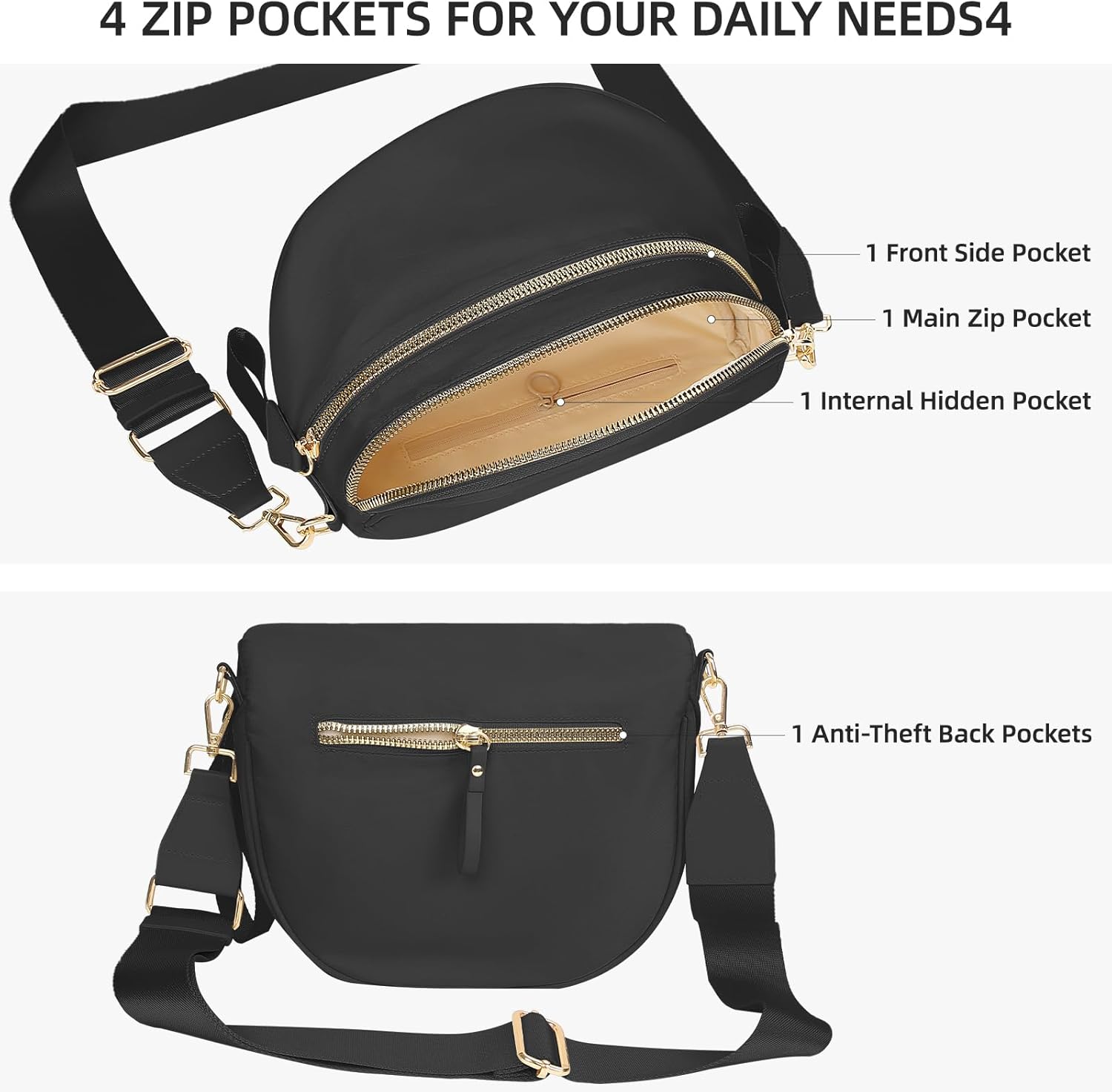 Titosha Oversized Nylon Bum Bags for Women Crossbody, Adjustable Strap Black Crossbody Bag Large Fanny Packs Sling Bag