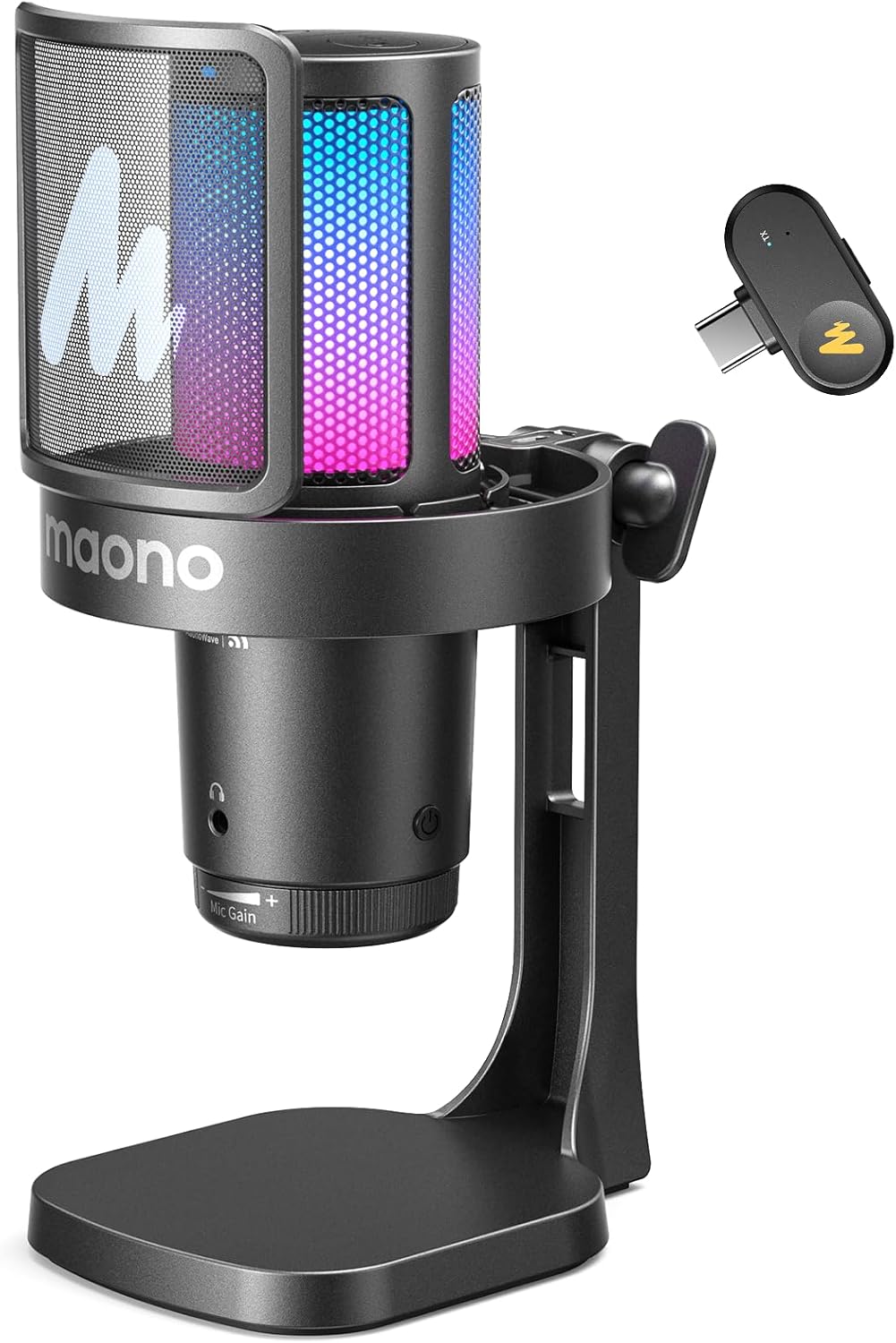 MAONO DGM20W Wireless Microphone for PC, Condenser USB Mic for Gaming Streaming with Noise Cancellation & Quick Mute,Gain Control,RGB,Software, Computer Desktop Mic for PS5 Twitch Discord