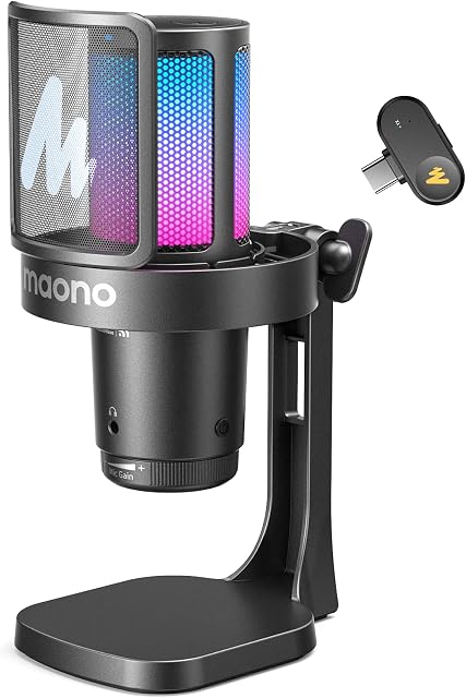 MAONO DGM20W Wireless Microphone for PC, Condenser USB Mic for Gaming Streaming with Noise Cancellation & Quick Mute,Gain Control,RGB,Headphone Jack,Software, Desktop Mic for PS5 Twitch Discord