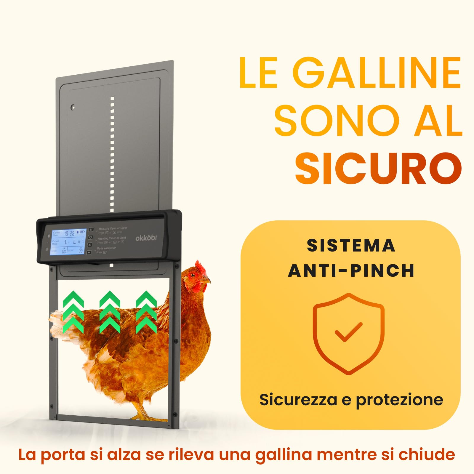 Okkobi Porta Automatica Pollaio Solare - Display LCD - Porta Pollaio con telecomando, Sensore di luce e Timer - Sicurezza e tranquillità: Funzione Antipizzicamento - Protezione di 5 anni