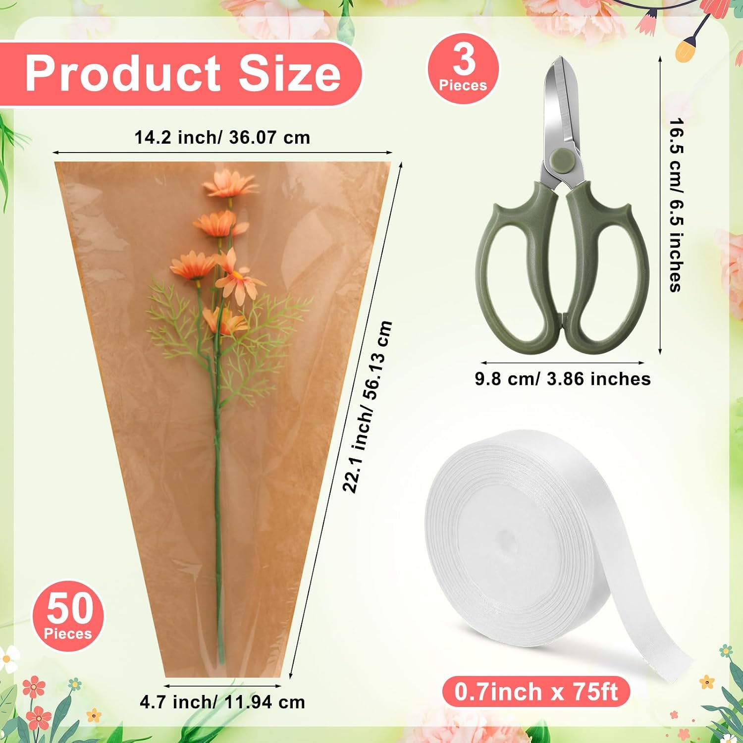 Lanties 54 Pcs Flower Wrapping Sleeves 22 x 14.4 in Kraft Back Clear Front Bouquet Bags with Ribbons and Floral Scissors Florist Wrapping Supplies for Graduation Wedding DIY Flower Arrangements