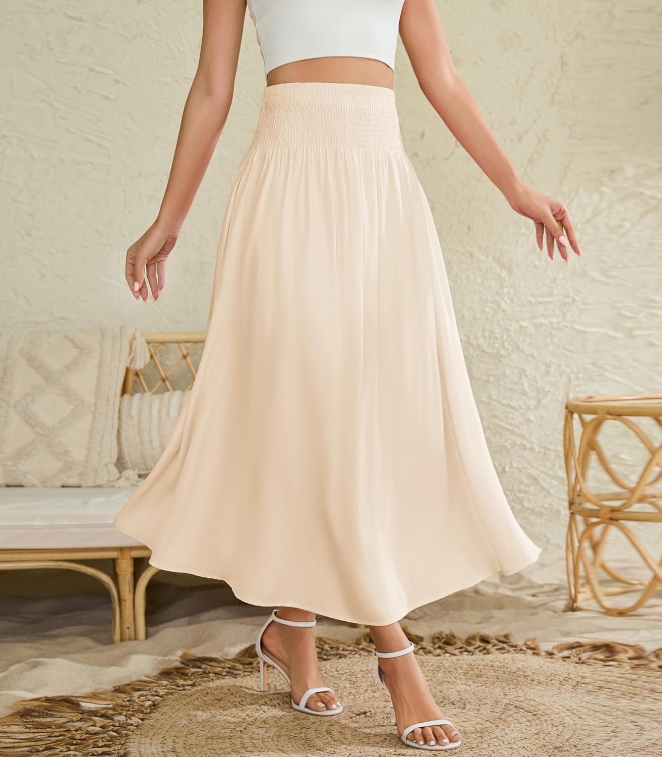 Women's Elastic High Waisted Midi Skirts with Pockets Trendy A-Line Flowy Swing Basic Skirt - Image 3