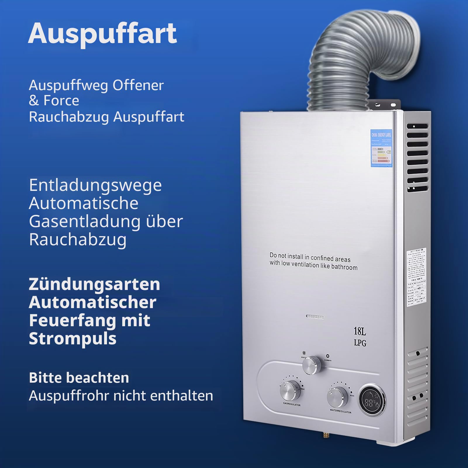 18L Gas Durchlauferhitzer,32KW LPG Propan Warmwasserbereiter Durchlauferhitzer Super Niedrigem 0,5bar Startwasserdruck, für Dusche & Täglichen Gebrauch Campingausflüge Silber