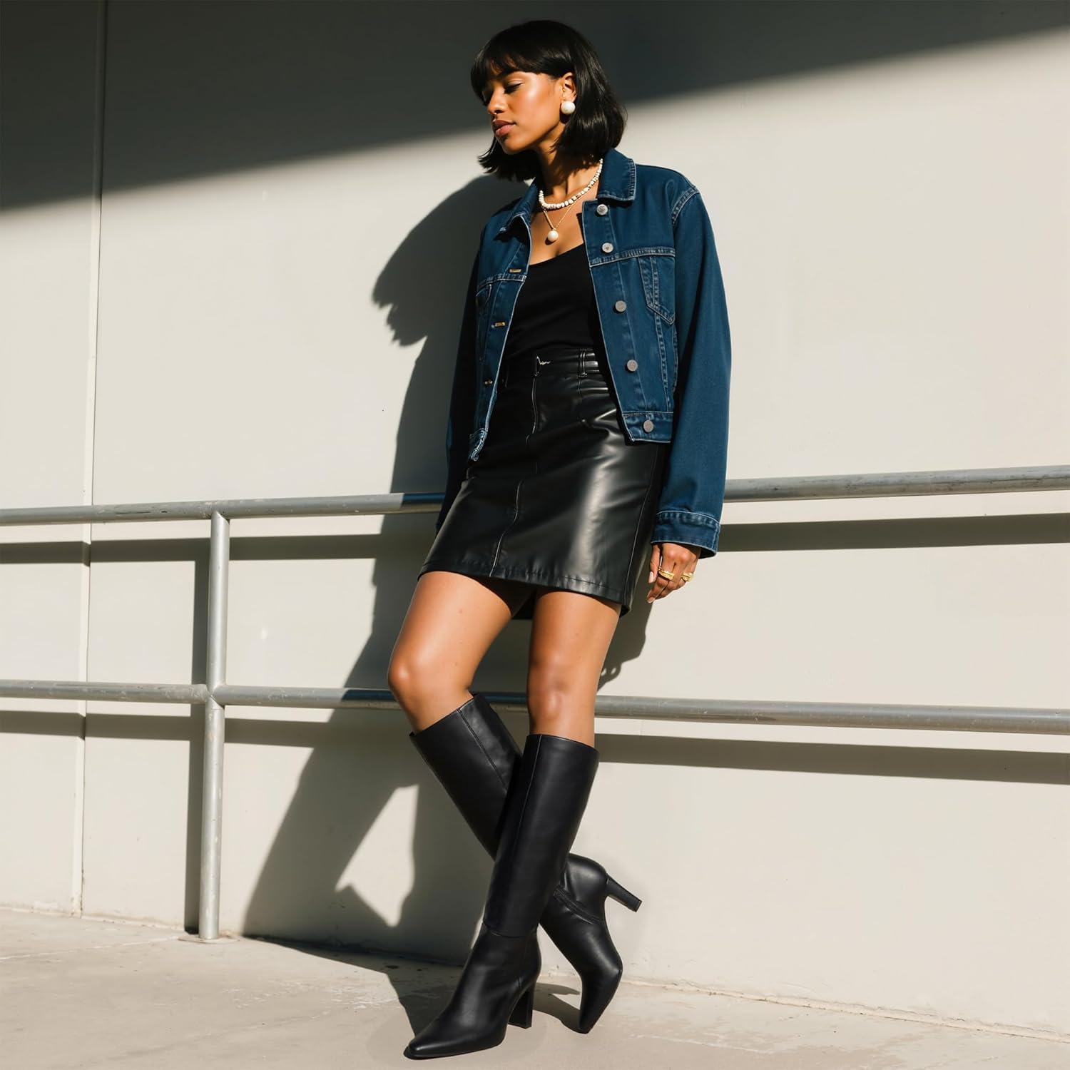 Tall Black Boots for Women Knee-High Boots Black Long Boot for Women Square Pointed Toe High Heeled Fall Leather Below Knee Boot Size 7.5 - Image 6