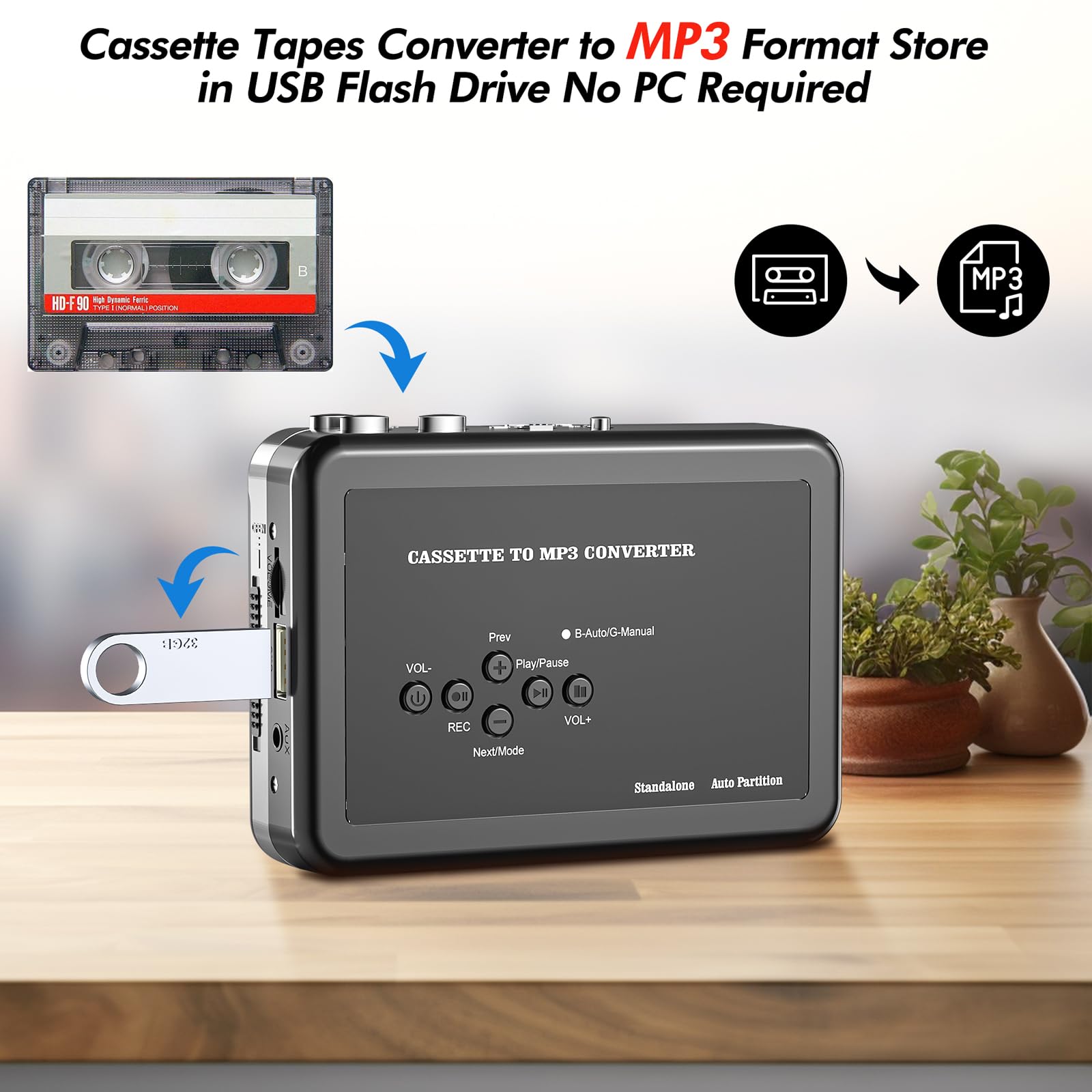 Lettore di Cassette Portatile Convertitore da Cassetta a MP3 USB Digitale con Auricolari