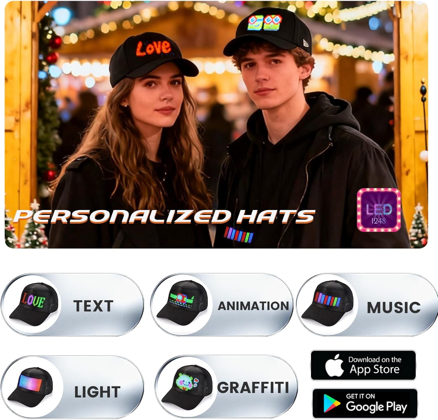 LED Hat, Full Color Rechargeable LED Baseball Caps, Bluetooth APP Control Display Screen Hats, Custom Text Patterns Animations for Party Christmas Halloween Black - Image 2
