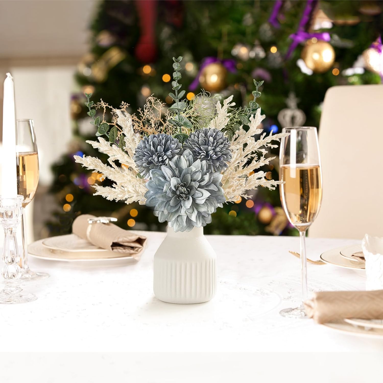 Mkono Small Artificial Flowers in Ceramic Vase 13.5" Centerpieces Coffee Table Decor, Silk Flower Arrangements for Home Decor Indoor Fake Flower Bouquet for Bathroom Dining Room Kitchen Wedding Blue Blue samll image 3 of 6 B0DJ48BSJ6