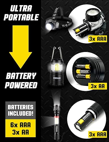 Miniatura 7 de ZeroDark Juego de 3 linternas, linterna frontal + lámpara de cabeza + linterna de campamento alimentada por pilas LED de alto lúmenes luces de