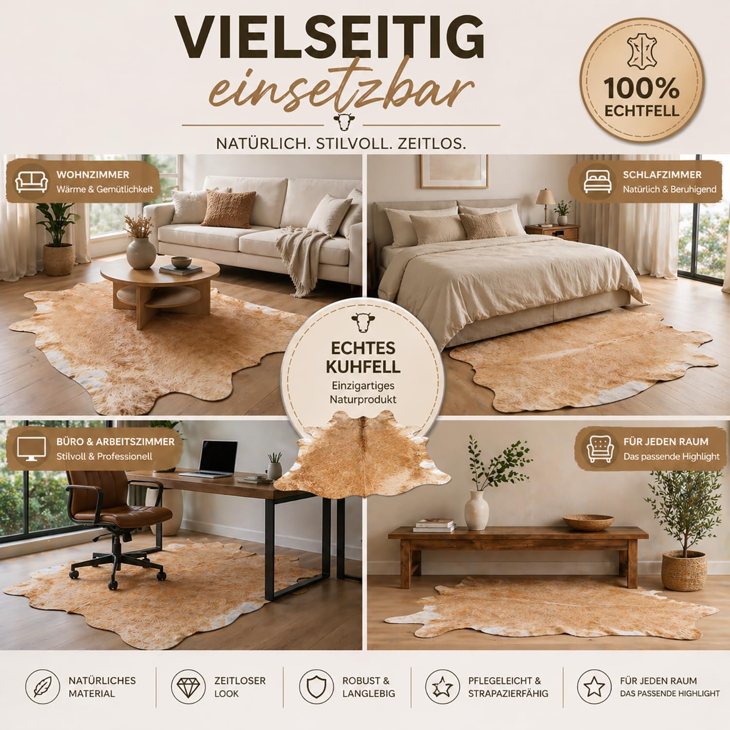 Tapis en Peau de Vache de qualité supérieure - Beige - Produit Naturel Unique en provenance d'Amérique du Sud - Peau de Vache véritable