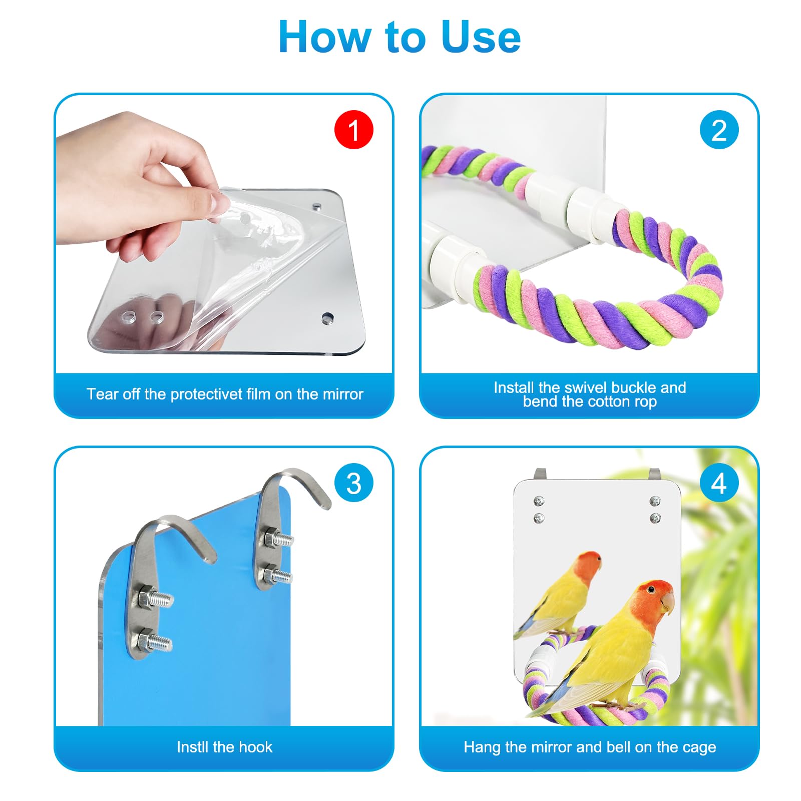Espejo para pájaros de 5.9 pulgadas con cuerda percha para pájaros, columpio cómodo para grises, amazonas, periquitos, cacatúas, conure, tortolitos, pinzones canarios