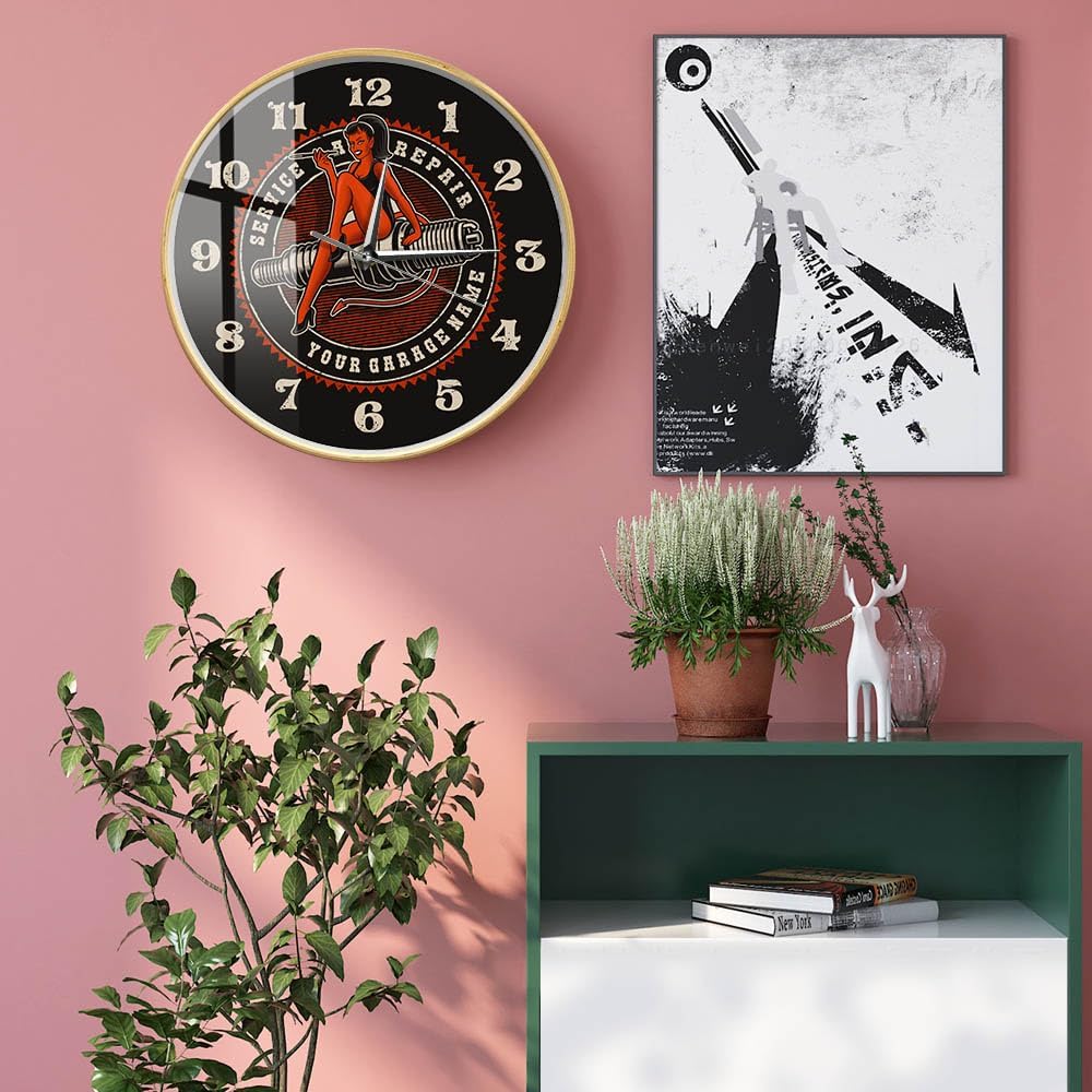 12'' Custom Garage Clock, Devil Girl on Spark Plug Engine Auto Car Motorcycle Repair Service Wall Clock Silent Non Ticking Man Cave Personalized Mechanic Wall Clock Battery Operated