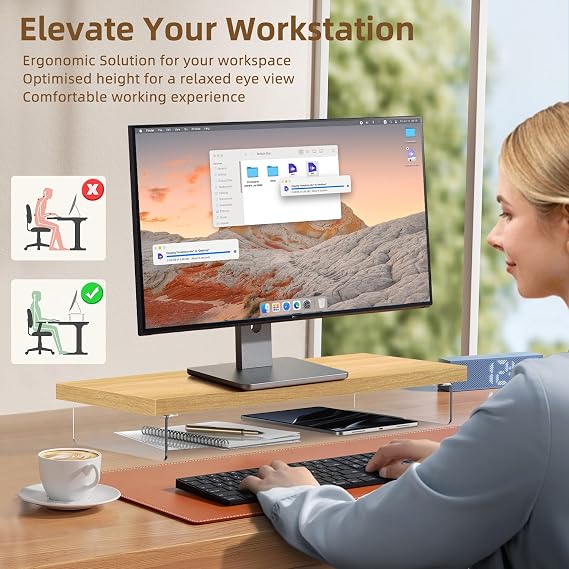 Dual Monitor Stand Riser, 40x10 in Wood & Acrylic Desktop Organizer Shelf