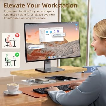 Dual Monitor Stand Riser, 40x10 in Wood & Acrylic Desktop Organizer Shelf