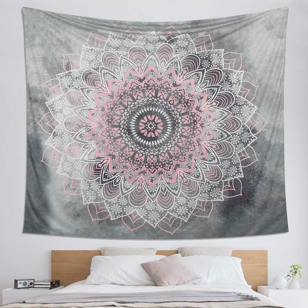 Dremisland Indian Tapestry Hippie Bohemian Grey&Pink Mandala Flower Tapestry Wall Hanging Bedding Tapestry (Pink&White Flower, L:80"X60")