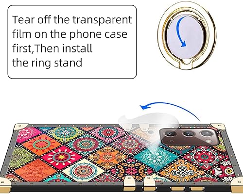 Miniatura 7 de Funda cuadrada para teléfono Samsung Galaxy Note 20 con soporte de anillo y cordón para niñas y mujeres, bohemio, retro, bohemio, mandala, flores