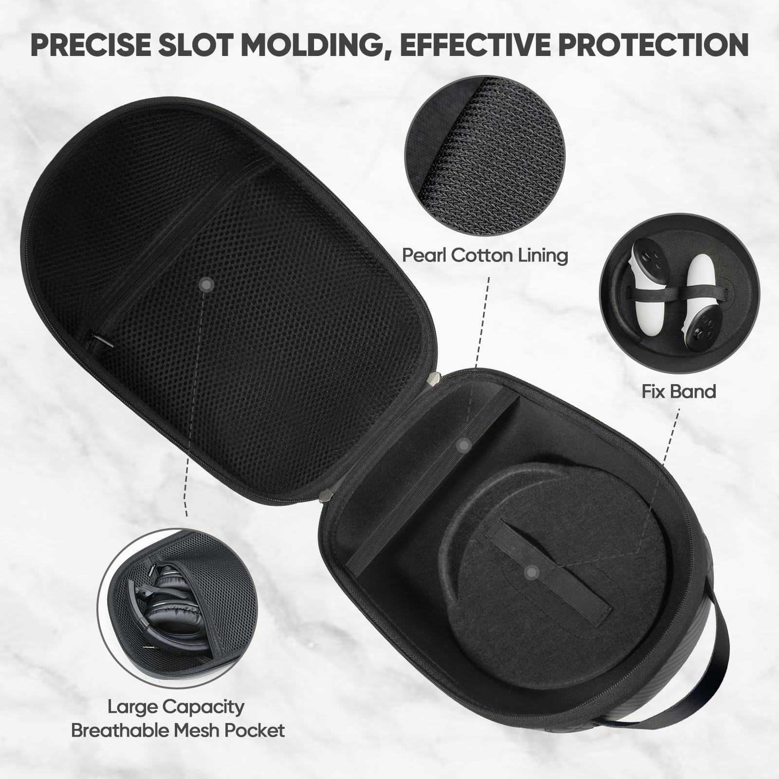 sarlar Étui de Transport pour Casque Meta Quest 3S/Quest 3/Quest 2 VR, contrôleur, Sangle de tête d'origine, Pochette Rigide en Fibre de Carbone avec Protection Portable légère pour Le Rangement de