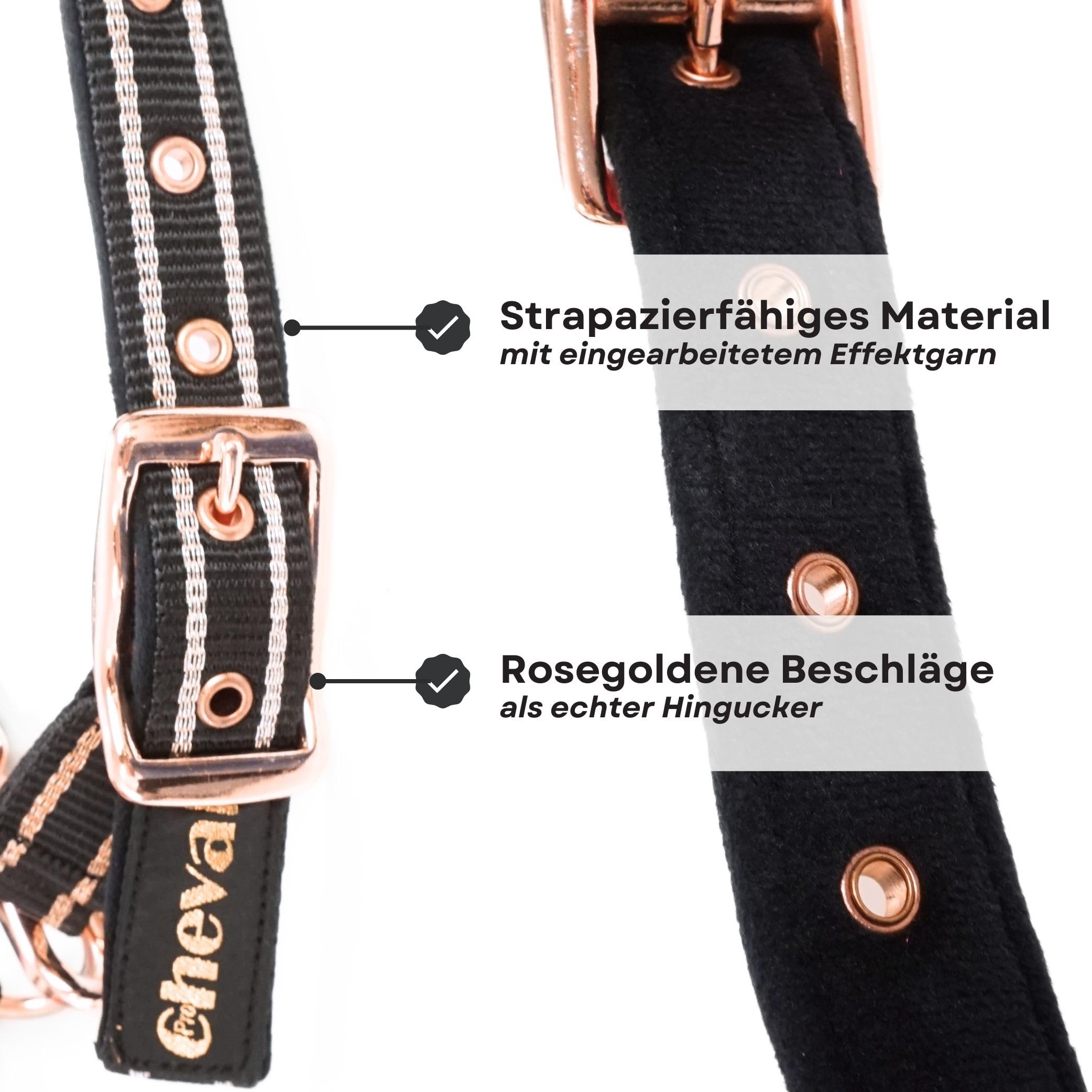Cabestro para caballos con brillo en color oro rosa, cabestro para caballos en negro y rosa, ajustable en 2 posiciones (Negro oro rosa con cuerda, sangre caliente (completo))
