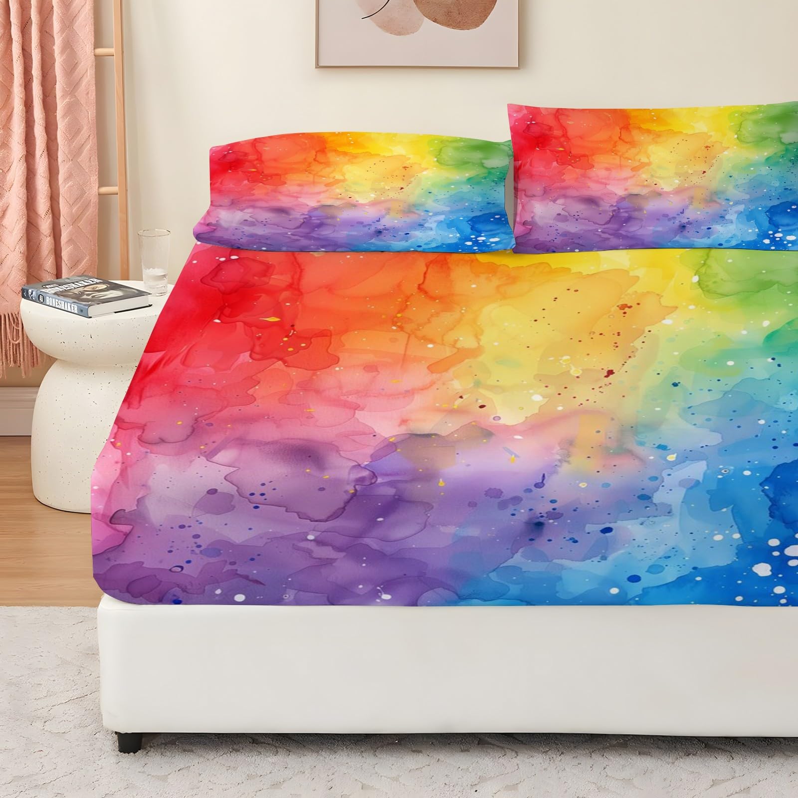 Prześcieradło z gumką 200 x 200 cm, kreskówkowe prześcieradło z gumką dla ptaków, mikrofibra z dużą czapką 30 cm i 2 poszewkami na poduszki, zestaw z gumką do grubych materacy