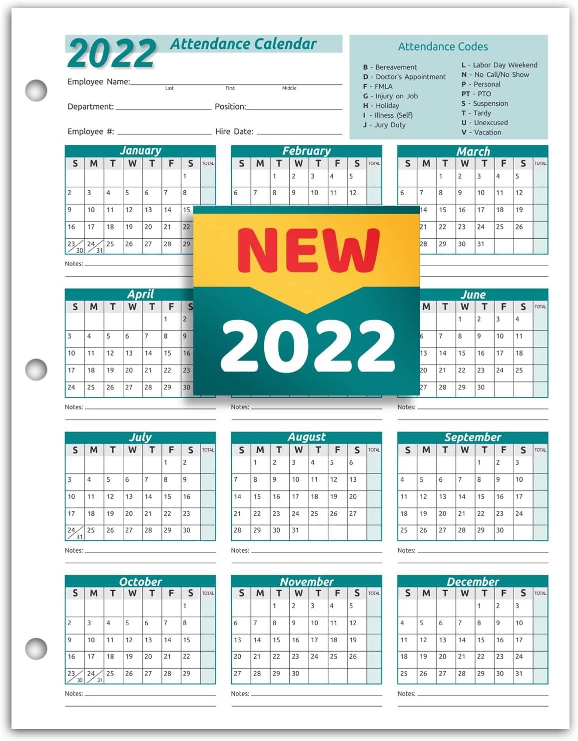 Amazon.com : Work Tracker Attendance Calendar Cards- 8 ½ X 11 Cardstock / Pack Of 25 Sheets (Green Color - 2022) : Office Products