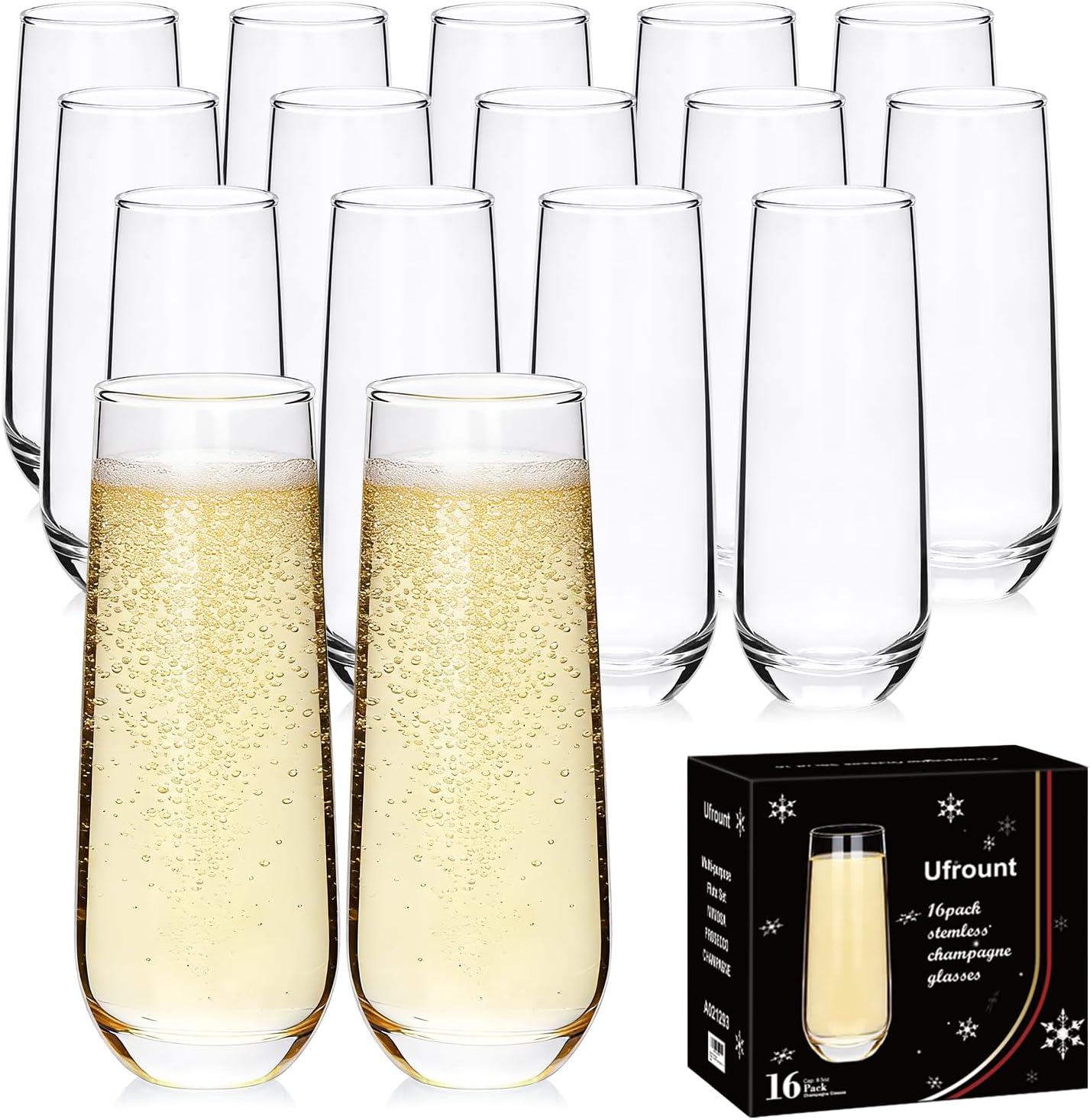 Stemless Champagne Flutes Set of 16, 9.5 oz Champagne Glasses, Multi-purpose Mimosa Glasses for Prosecco, Cocktail, Water, Weddings, Bar and Parties