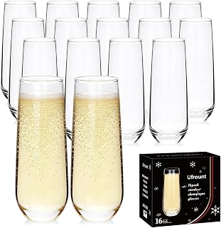 Ufrount Stemless Champagne Flutes Set of 16, 9.5oz Durable Glasses for Prosecco, Mimosas, Cocktails, Weddings & Parties