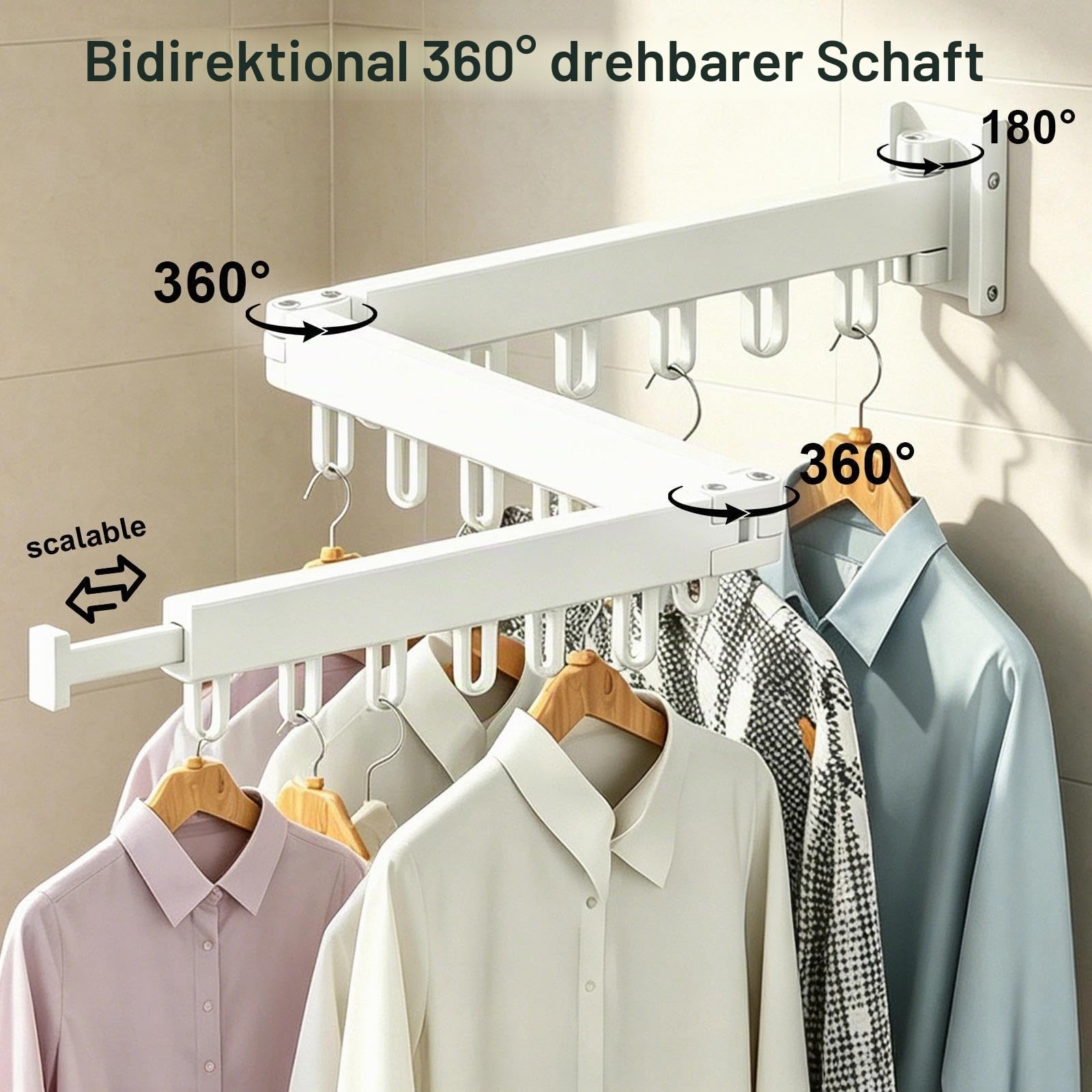 Weiß Wand-Wäschetrockner 120 cm mit 18 Haken | Klappbar & Ausziehbar, 2-in-1 Montage (Bohren oder Kleben), Wäscheständer für Balkon, Bad, Waschküche