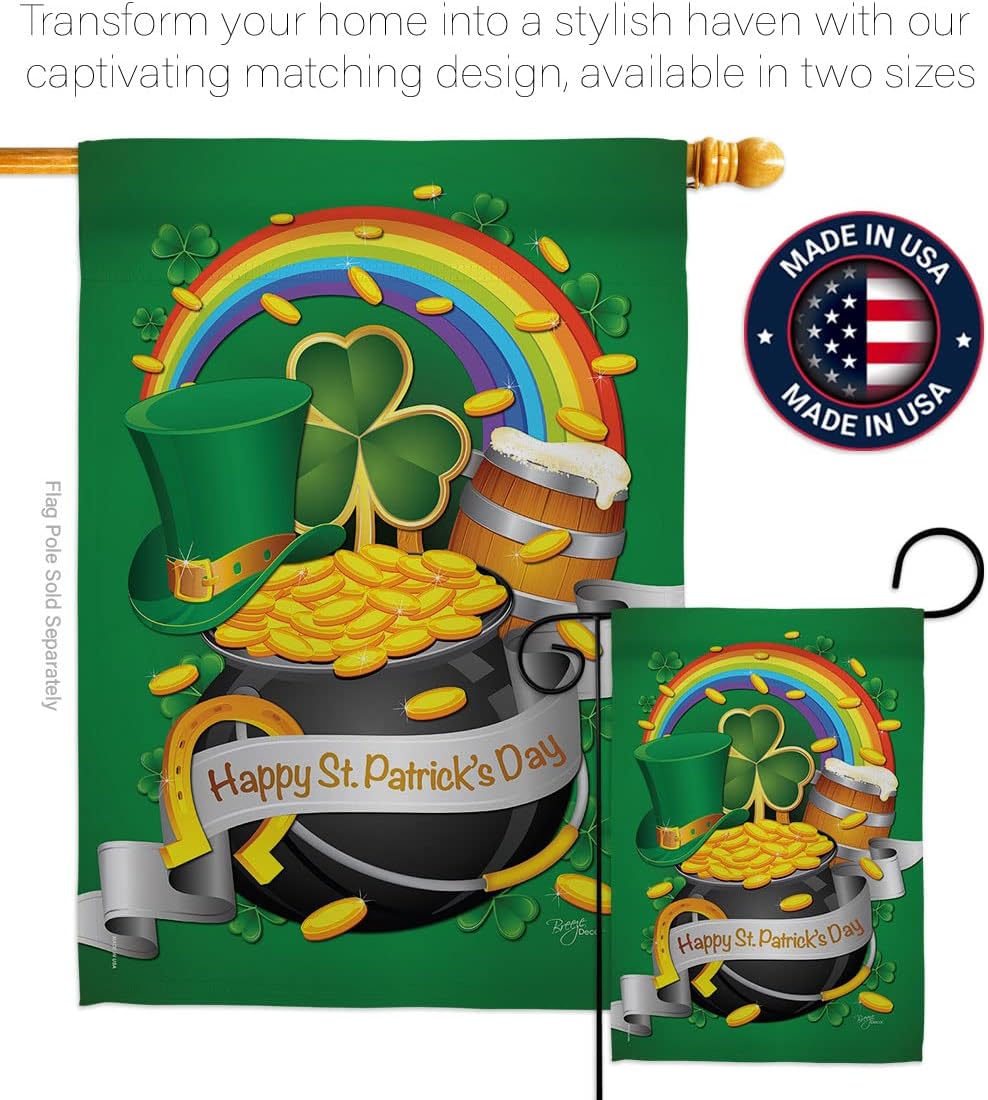 Breeze Decor SA-H-102027-IP Springtime Shamrock Leprechaun Lucky Coin Holiday March Irish Clover Happy St. Patrick's Day, House Flag 28" x 40", Thick Fabric