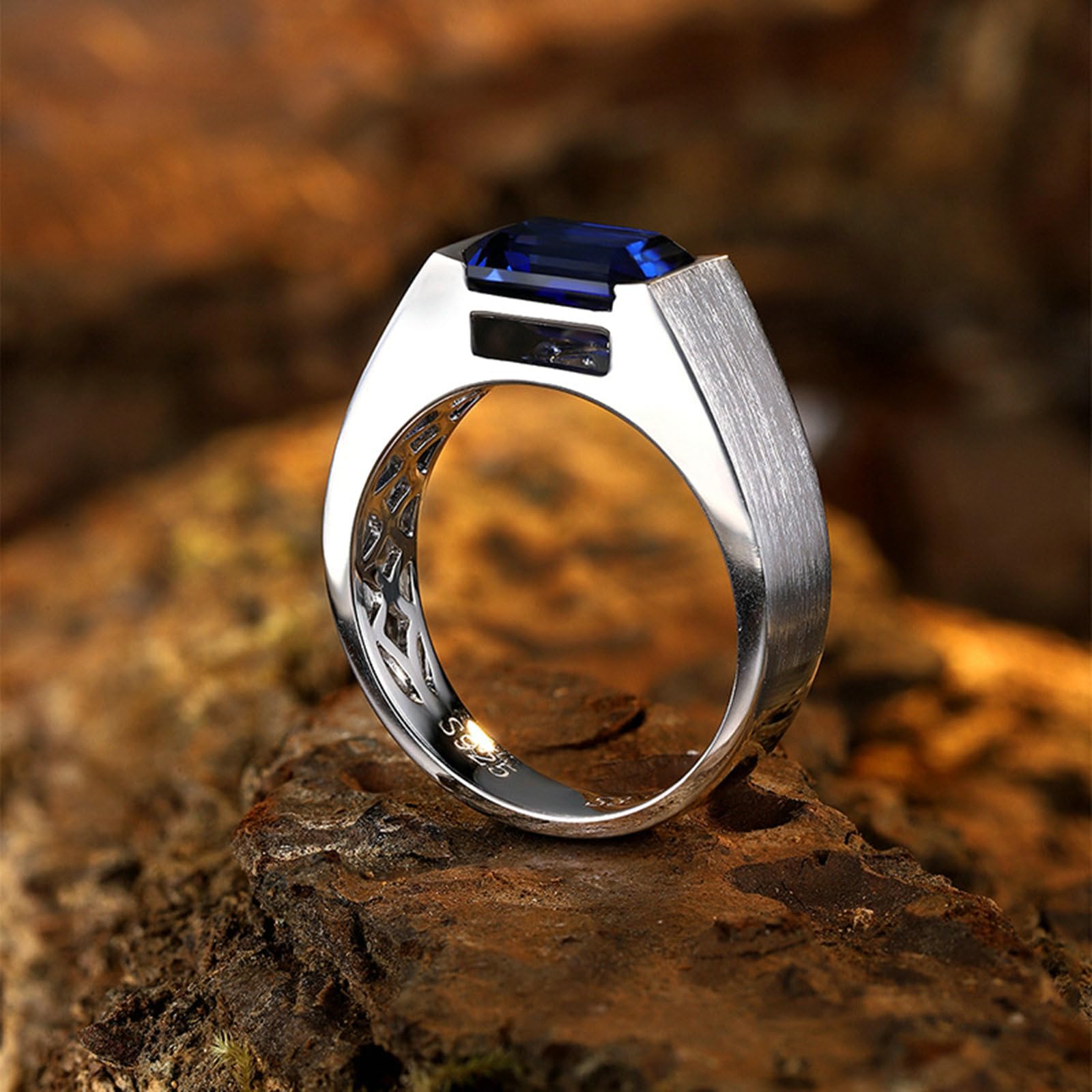 Anelli Uomo Matrimonio, Anello Uomo Oro Bianco 14Kt Zaffiro Sintetico Rettangolare da 3.51ct Solitario Opaco Anelli Fidanzamento Oro Bianco per Promessa