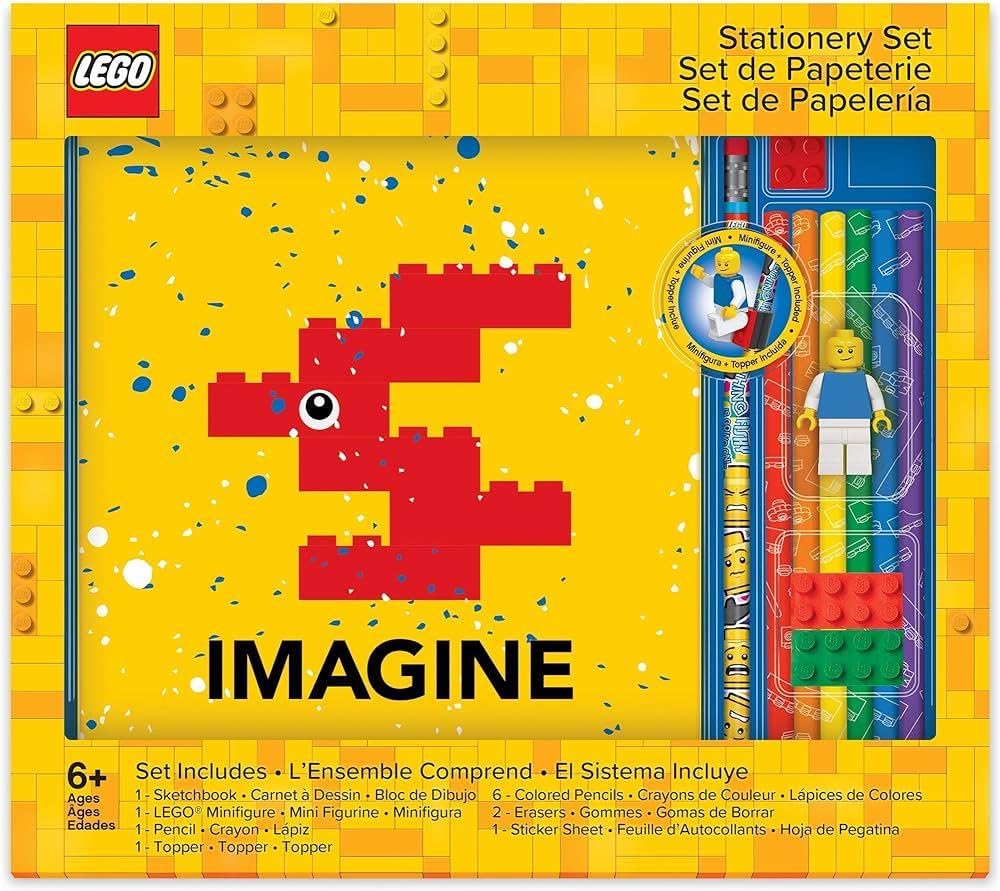 Lego Stationery Creative Drawing Set with Lego Imagine Sketchbook, Classic Lego Minifigure, 2x2 Lego Brick Pencil Topper, Graphite Pencil, Colored Pencils, Stickers and 2x4 Lego Brick Erasers