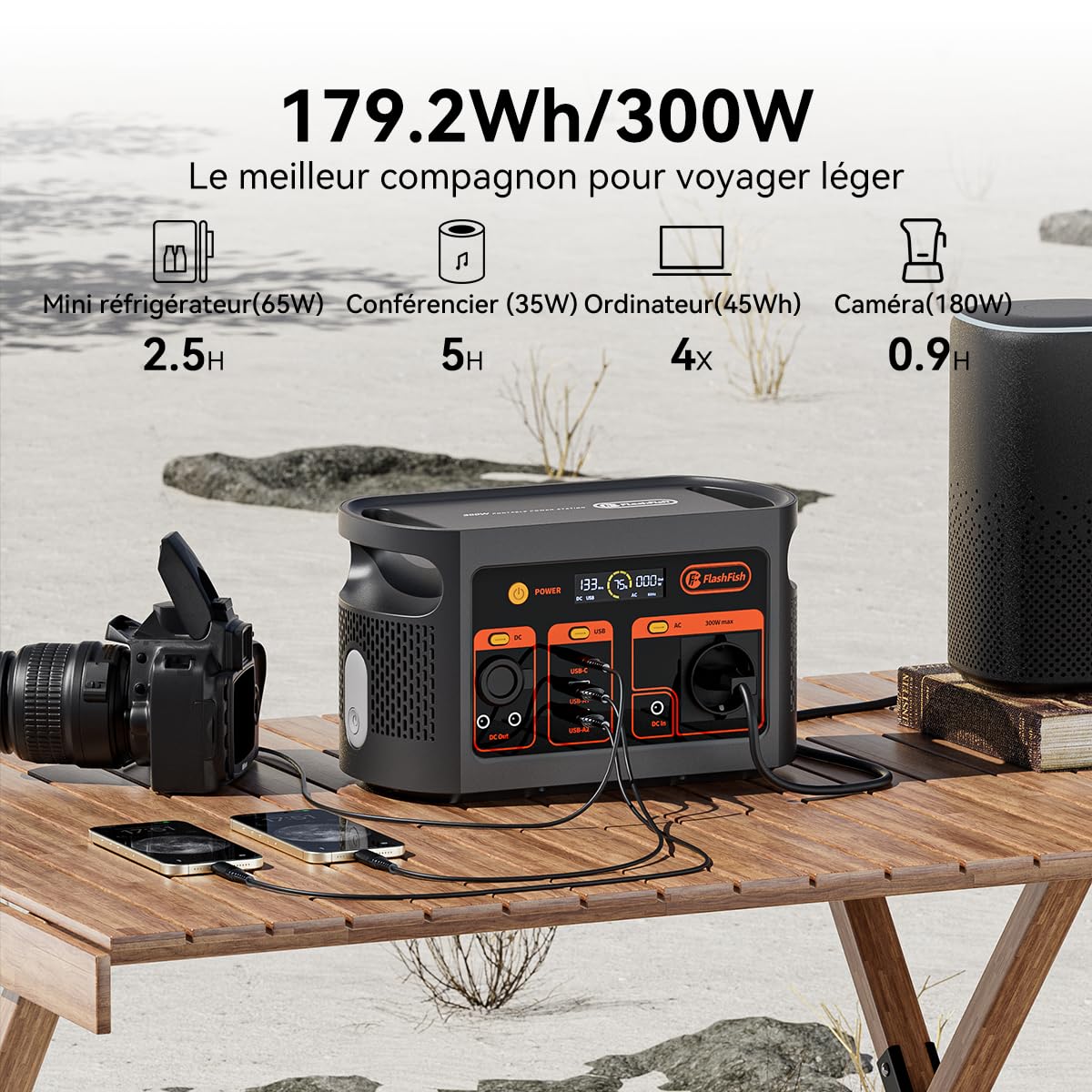 FlashFish 300W Generateur Electrique Portable avec Panneau Solaire 100W, 179,2Wh Batterie LiFePO4, Charge Rapide de 0 à 80% en 1H, Fonction EPS, Station Électrique pour Camping, RV, Voyages, Urgence