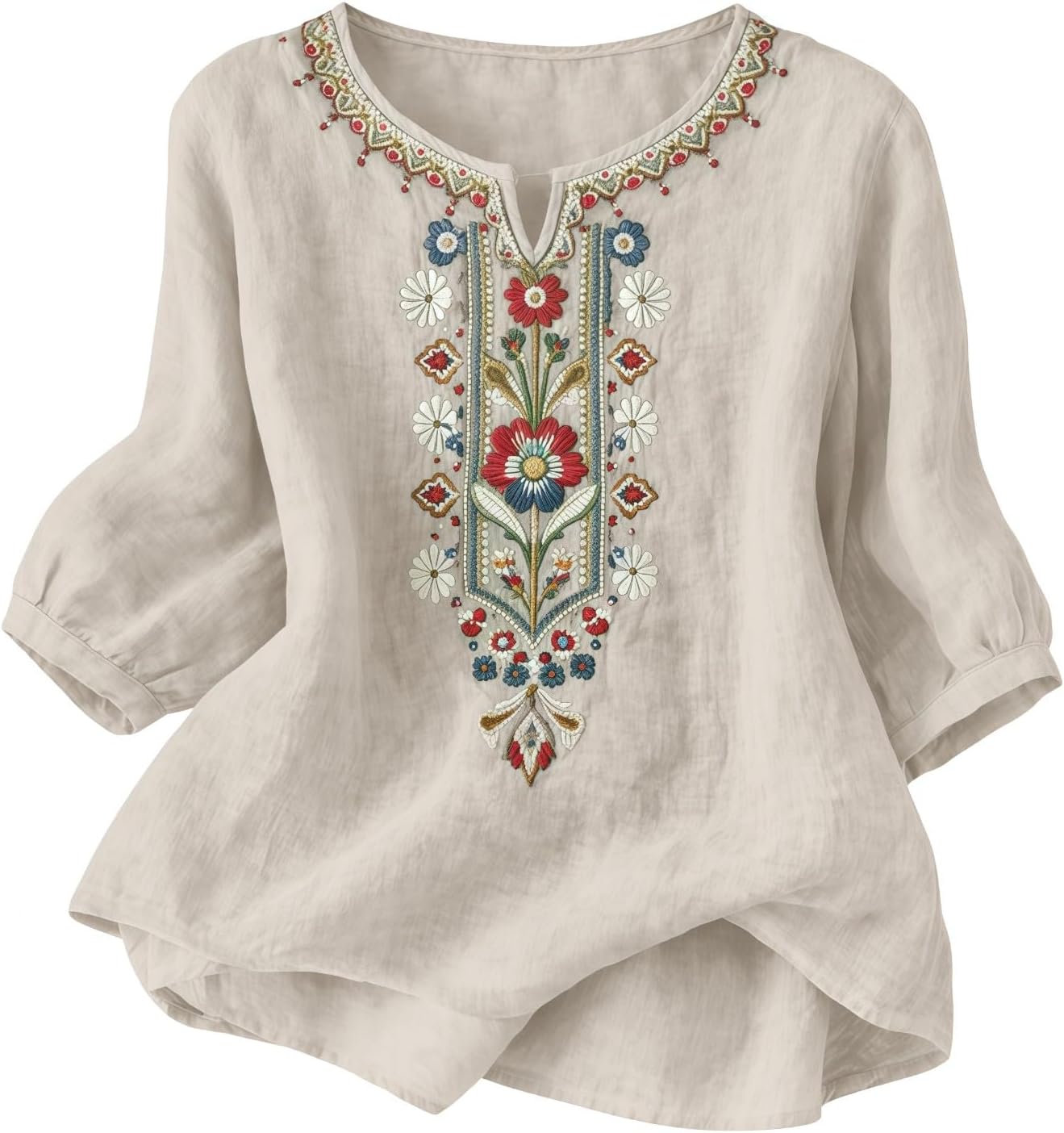 Womens Embroidered Cotton Linen Shirts 3/4 Sleeve Plus Size Boho Gauze Tops 2026 Casual Trendy Blouse