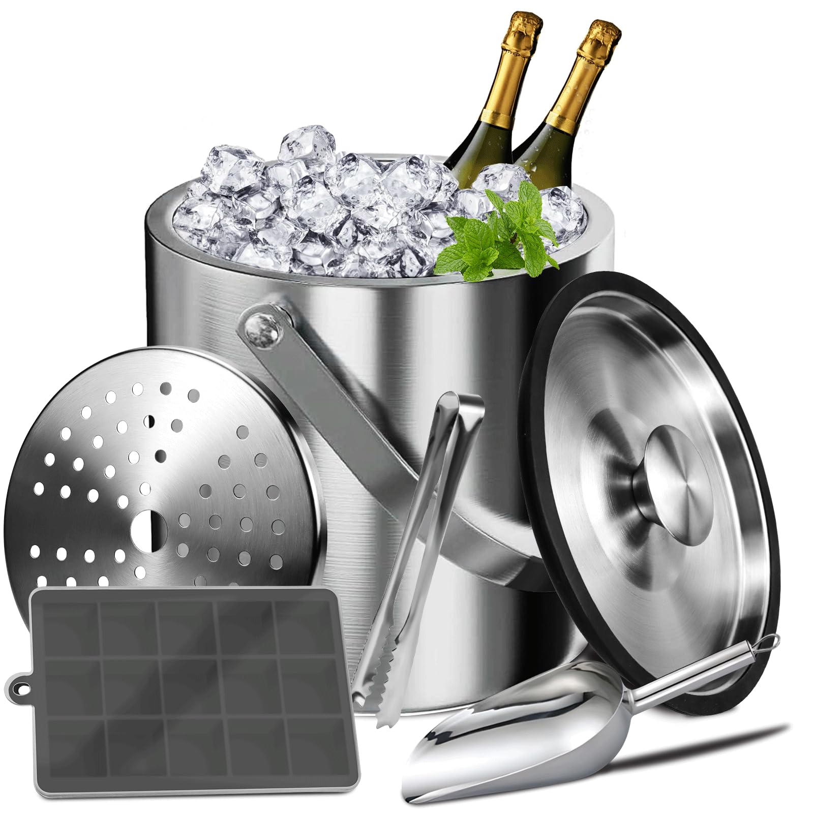 Secchiello Ghiaccio in Acciaio Inox,Secchiello Ghiaccio 4L Acciaio Inox Doppia Parete Portaghiaccio con Manico Pinze Coperchio e Filtro,Bottiglie Raffreddamento Secchio Cestello Ghiaccio